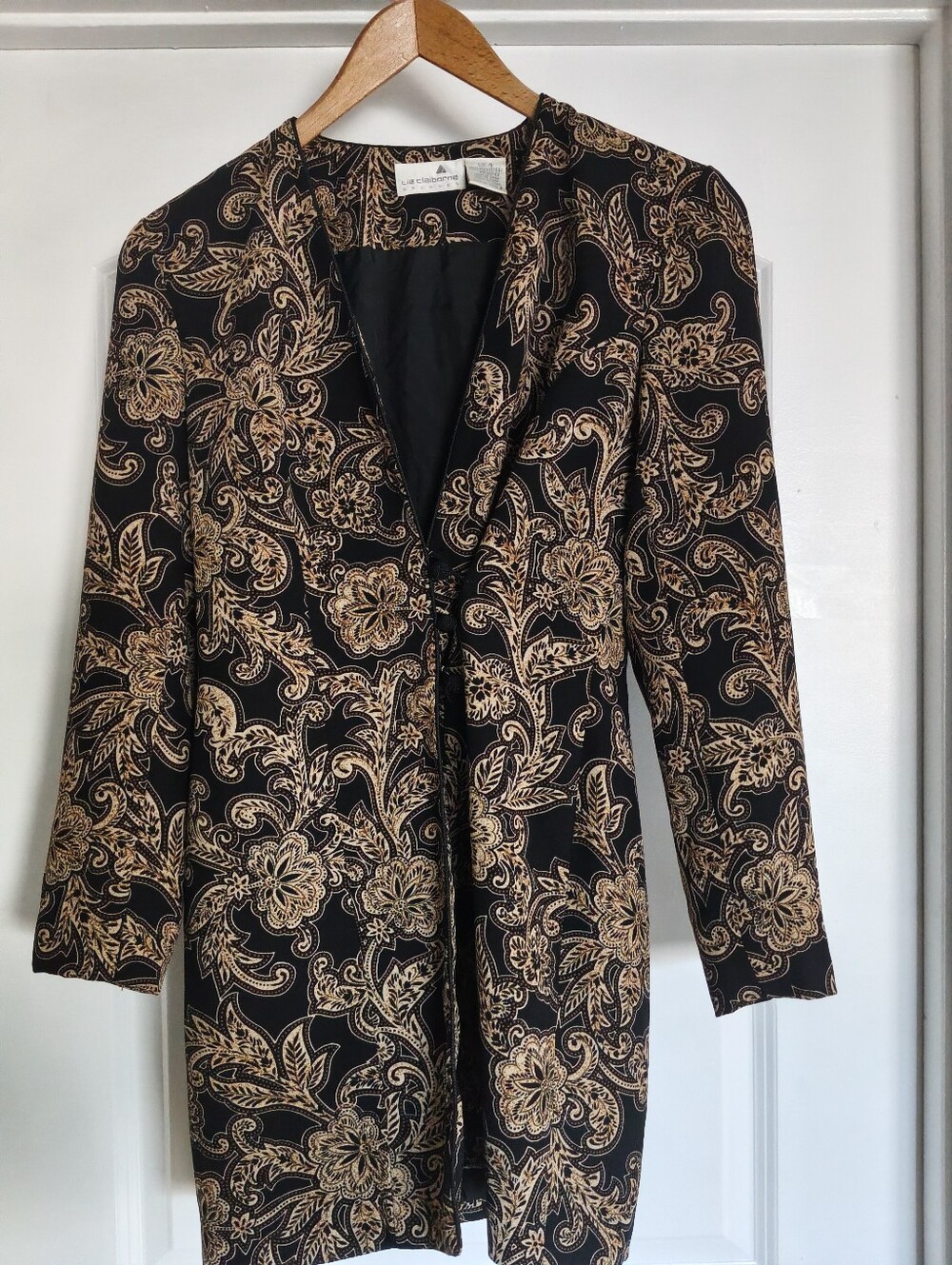 VTG 90s Liz Claiborne Black & Gold Paisley Blazer Dress Longline Jacket